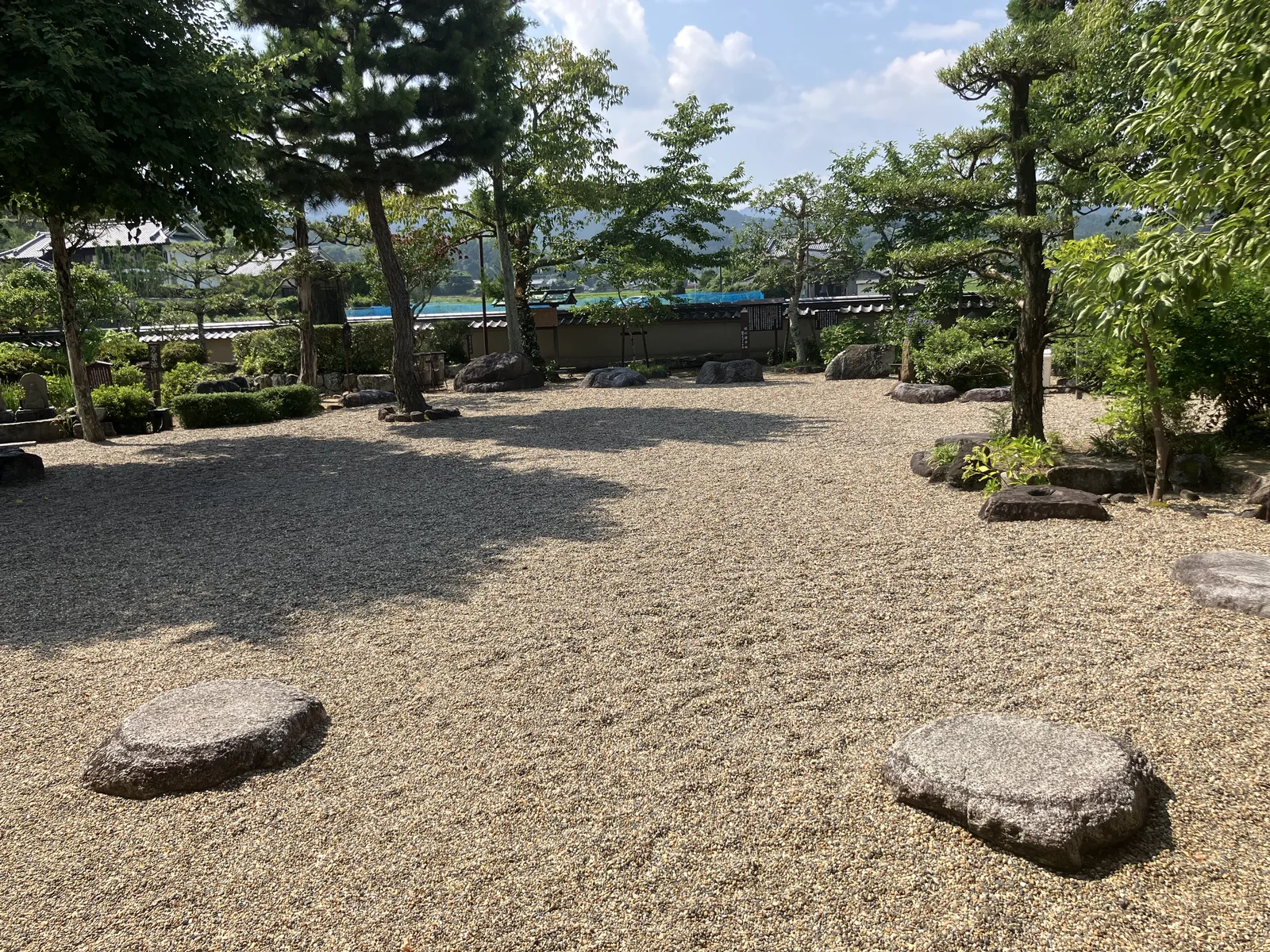 飛鳥寺境内の砂利道と庭木