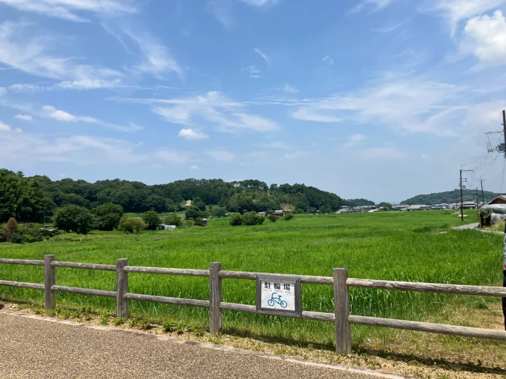 飛鳥京跡苑池周辺の緑地と遠景