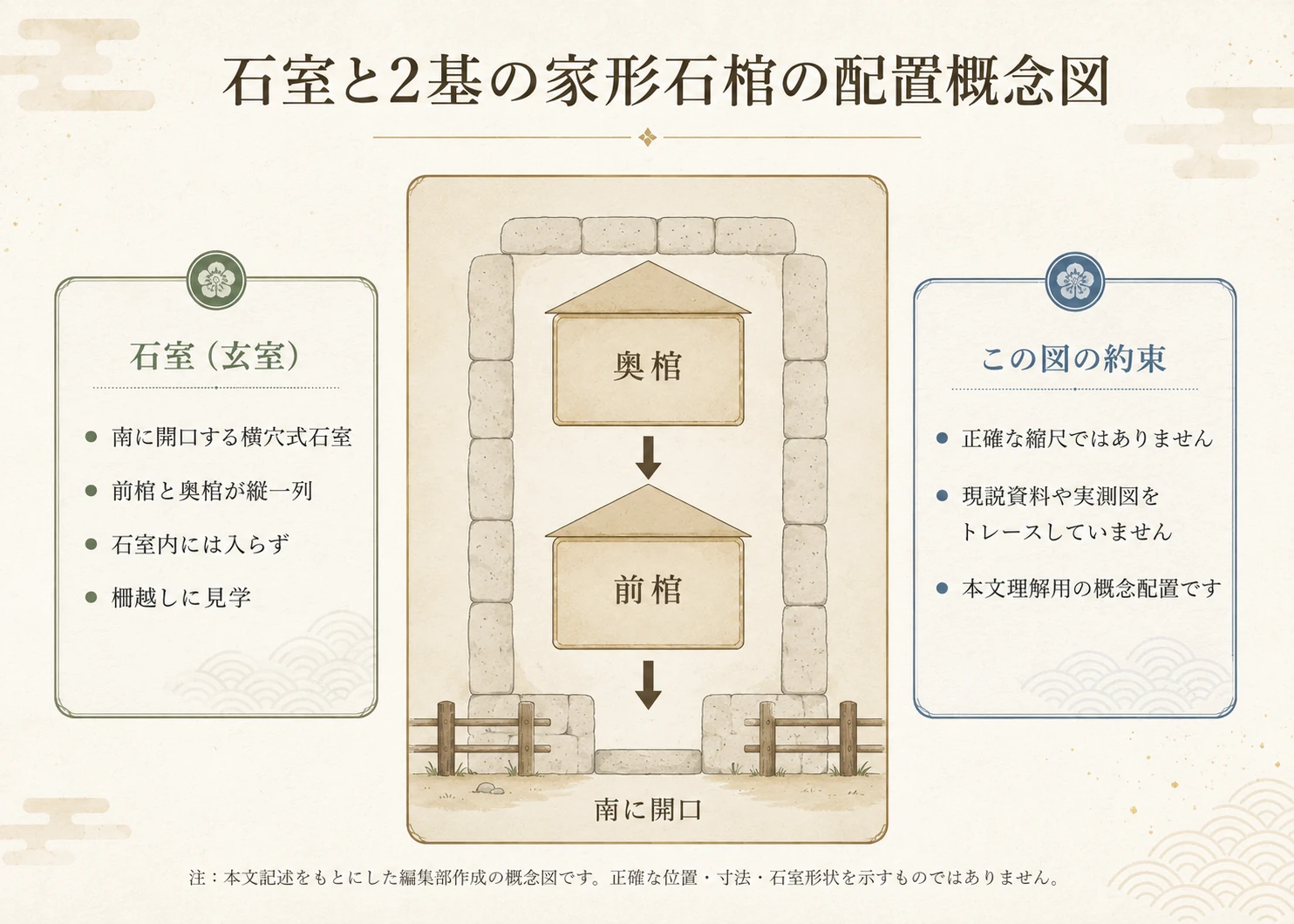 菖蒲池古墳の石室と2基の家形石棺の配置を示す概念図