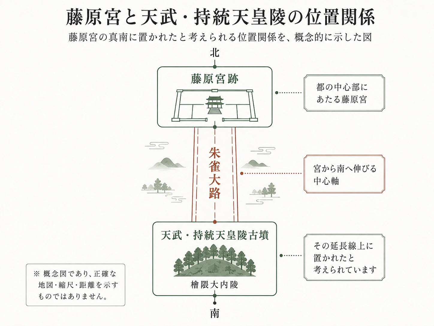 藤原宮と天武・持統天皇陵古墳の位置関係を示す概念図