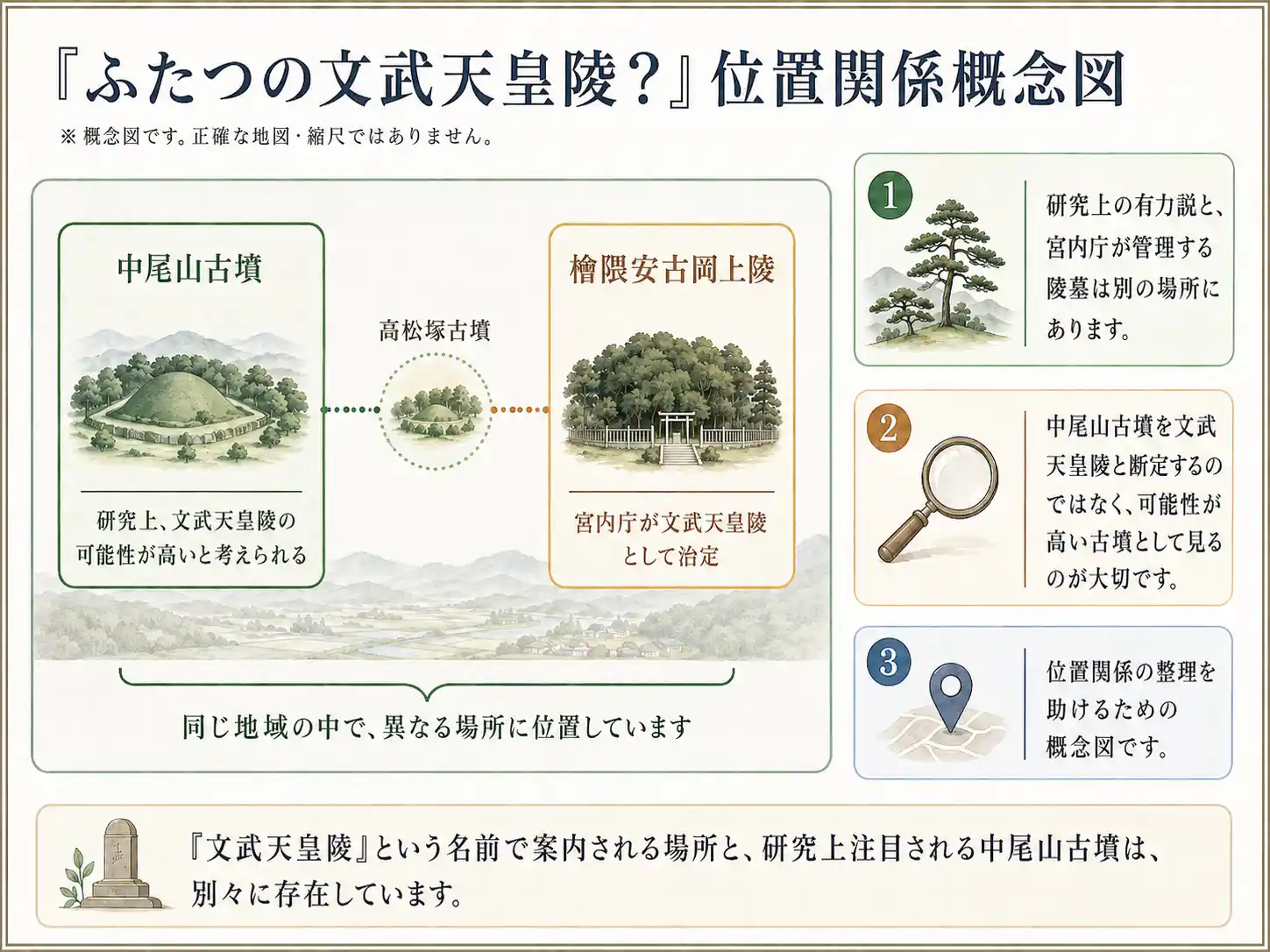 中尾山古墳と宮内庁治定の文武天皇陵の位置関係を示す概念図