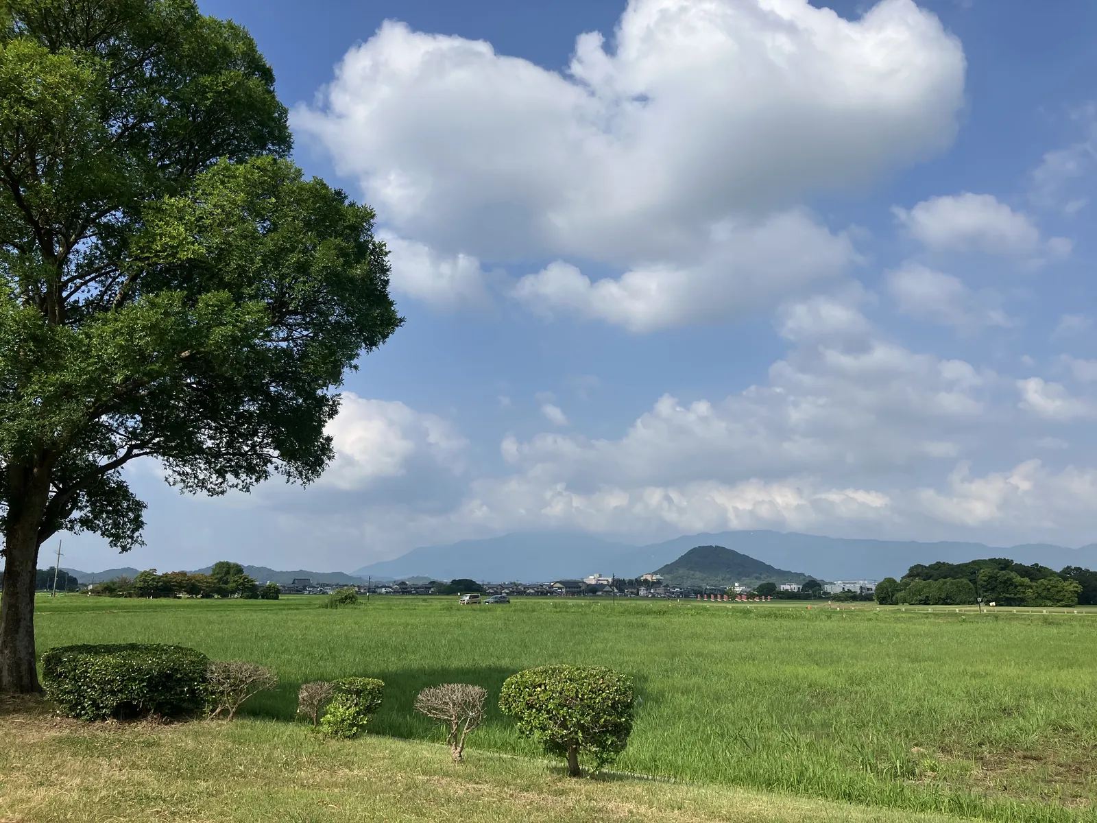 藤原宮跡周辺に広がる平地と山並み