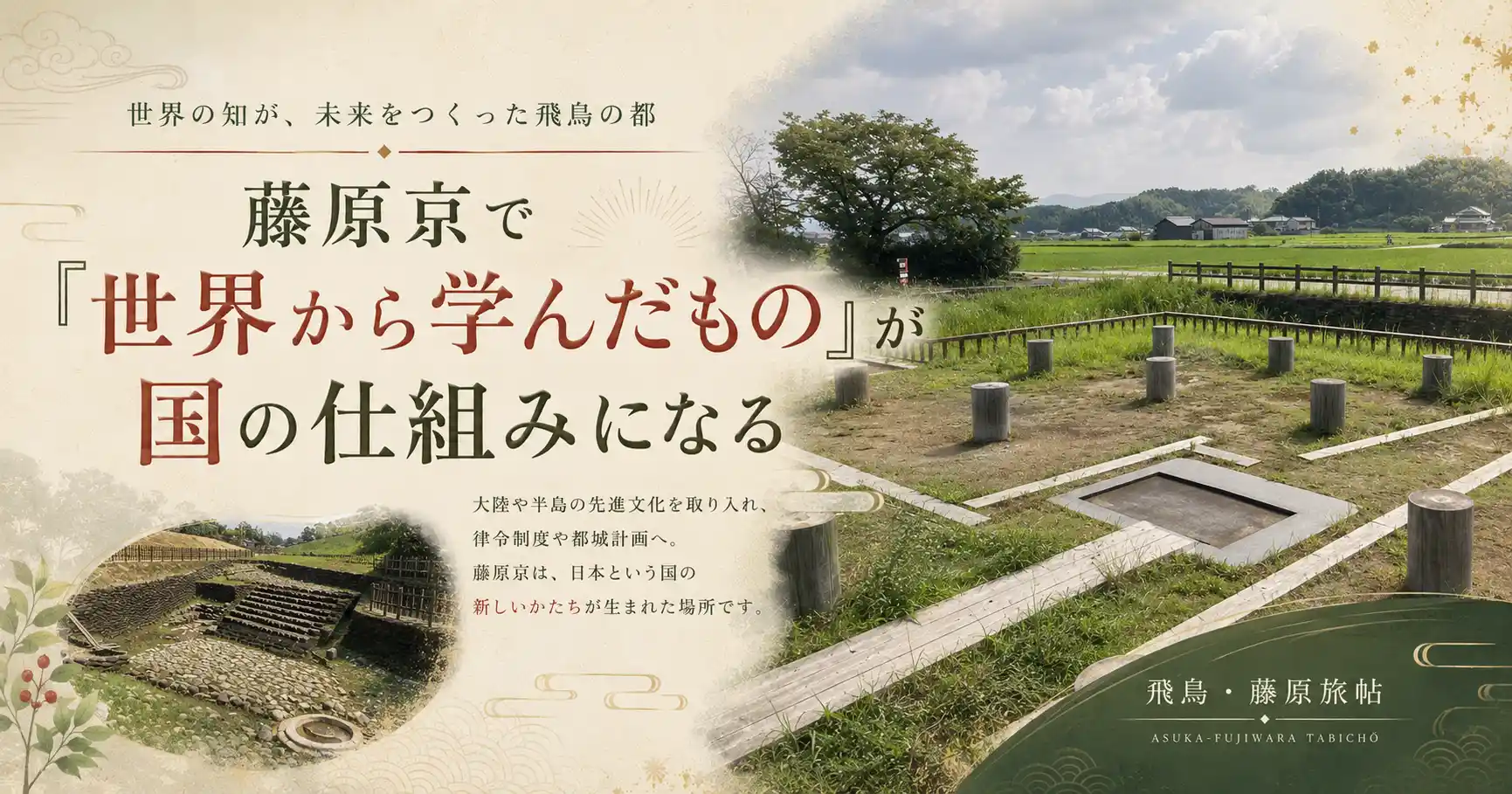 世界から学んだ知識や制度が藤原京で国の仕組みへ広がることを示す章タイトル画像