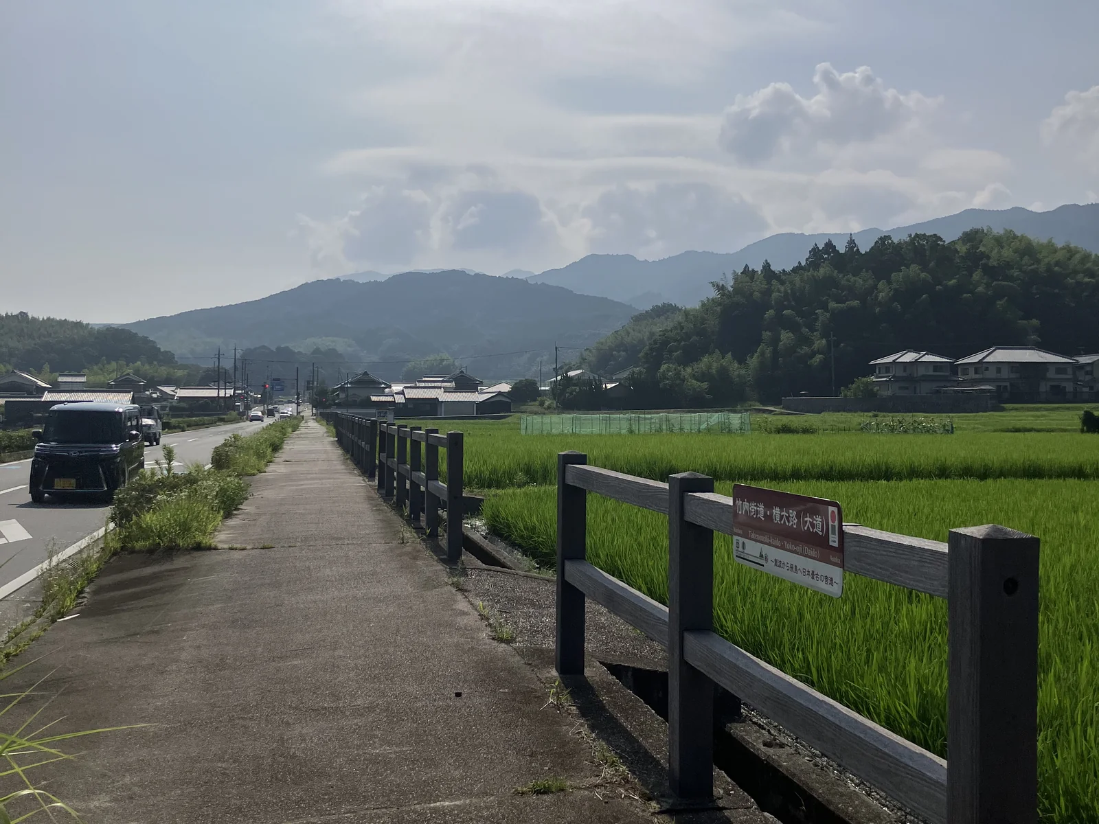 横大路周辺の道路と田畑、山並み、現地表示板が見える景観
