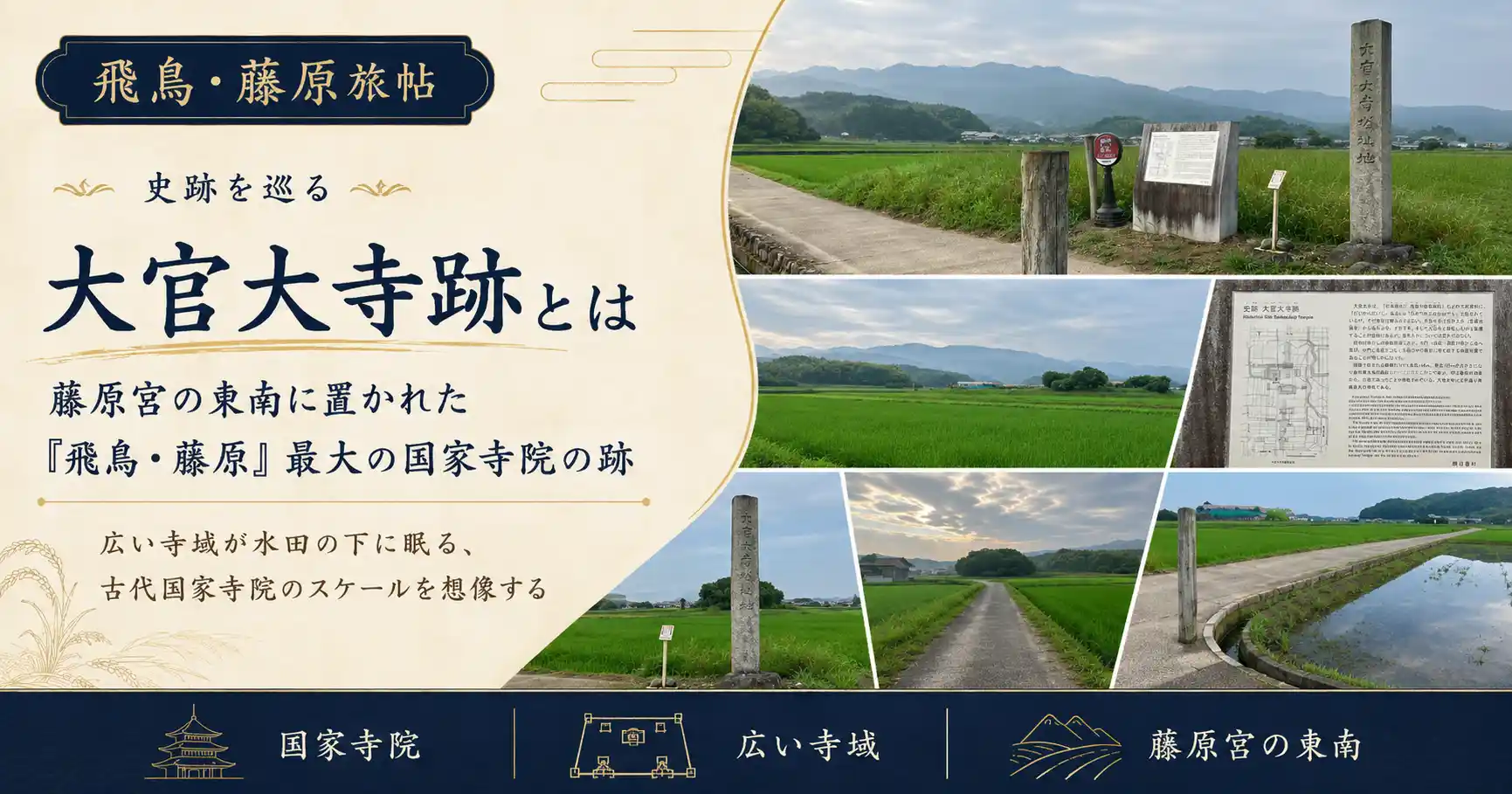 藤原宮の東南に置かれた飛鳥藤原最大の国家寺院大官大寺跡