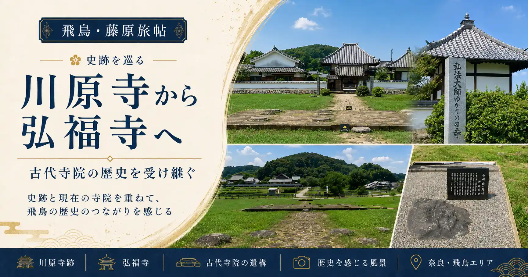 川原寺跡の伽藍跡と現在の弘福寺を組み合わせた「川原寺から弘福寺へ」の見出し画像