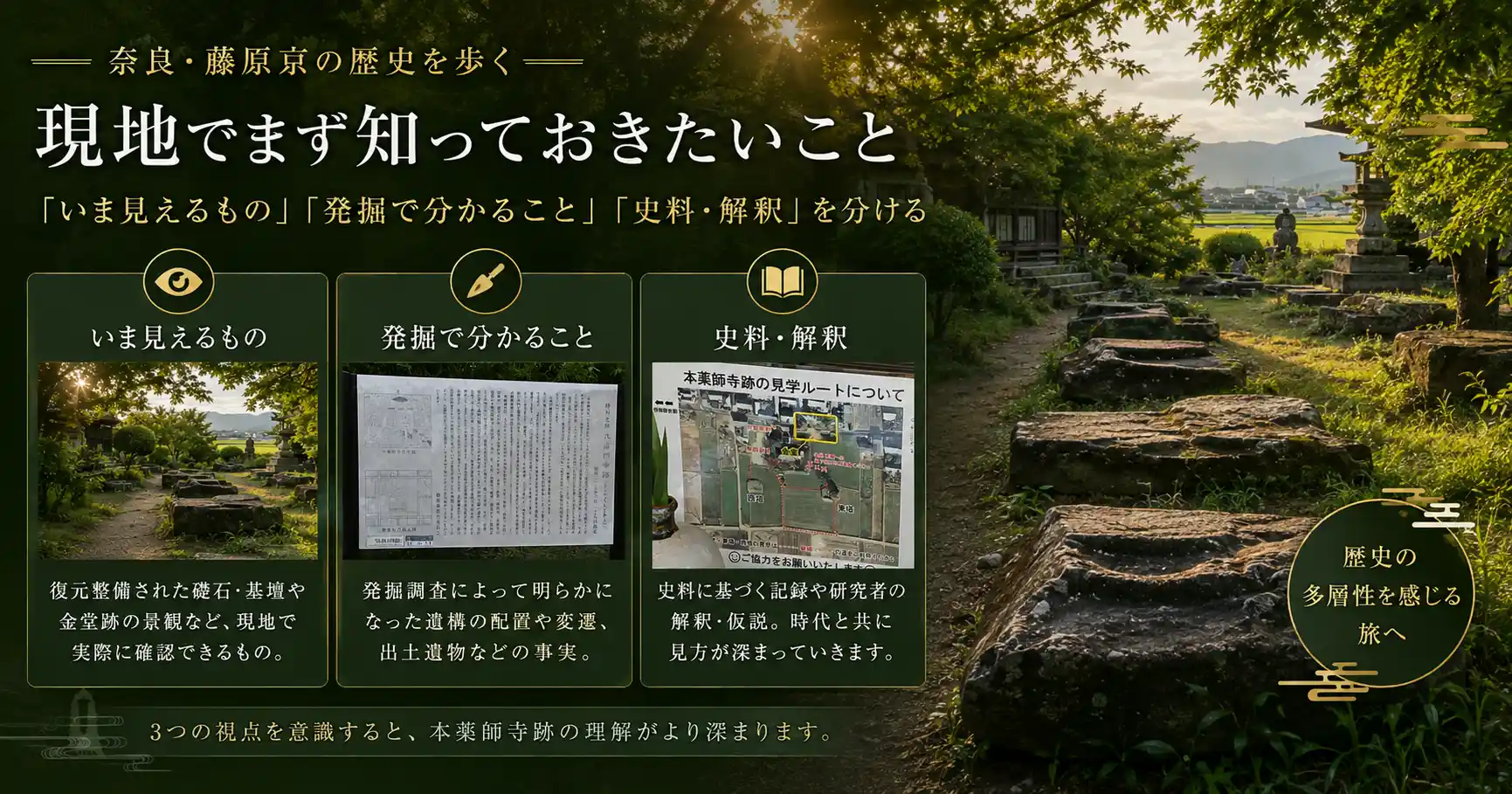 いま見えるもの、発掘で分かること、史料と解釈を分けて見る本薬師寺跡