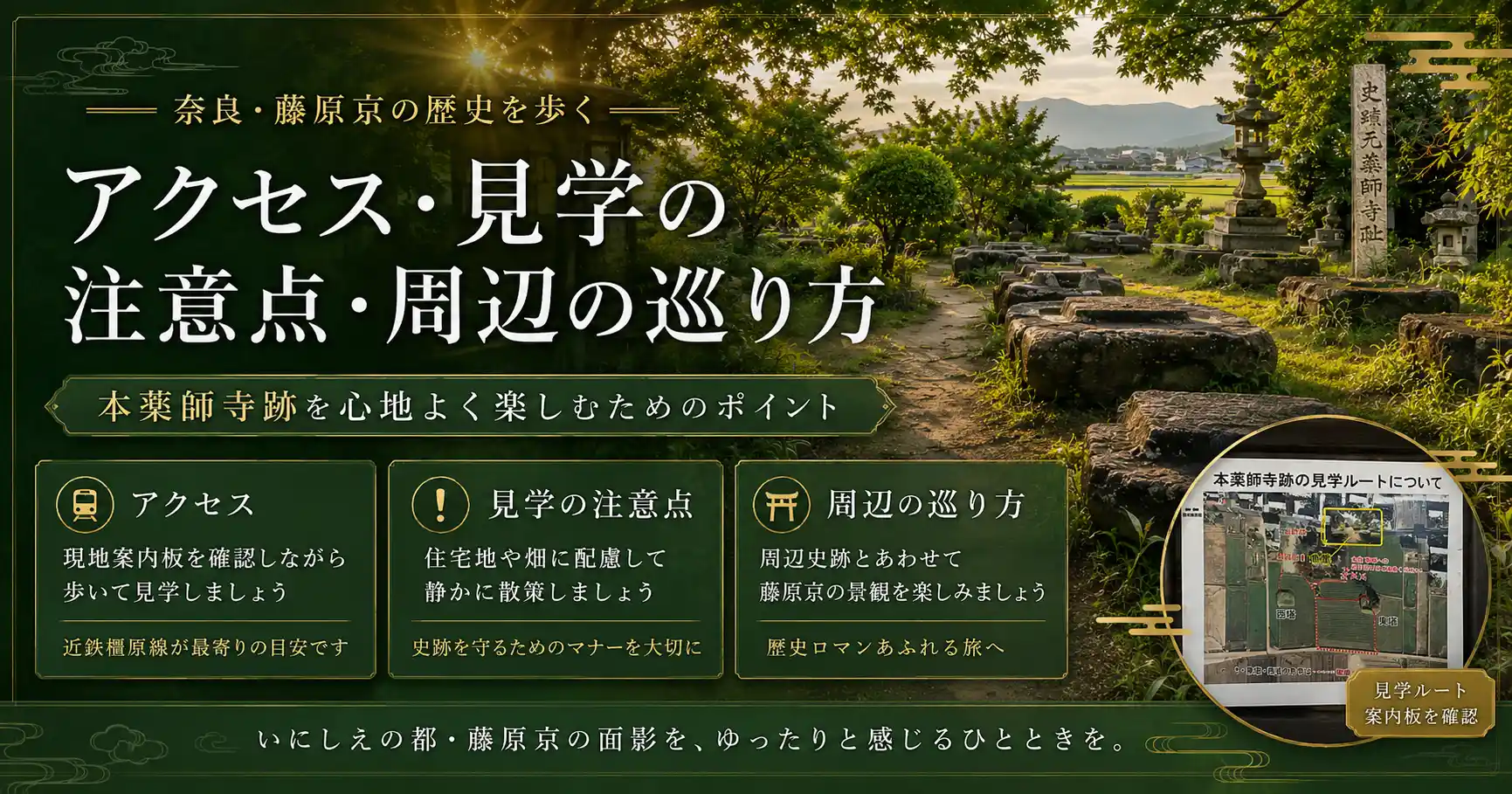 本薬師寺跡へのアクセス、見学時の注意点、周辺の巡り方