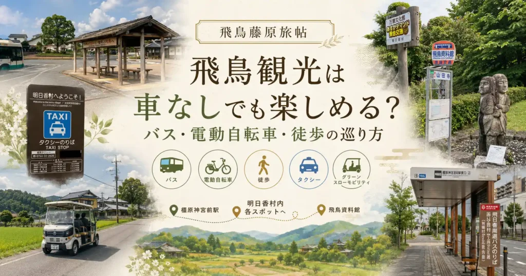 飛鳥観光は車なしでも楽しめることを示すアイキャッチ画像